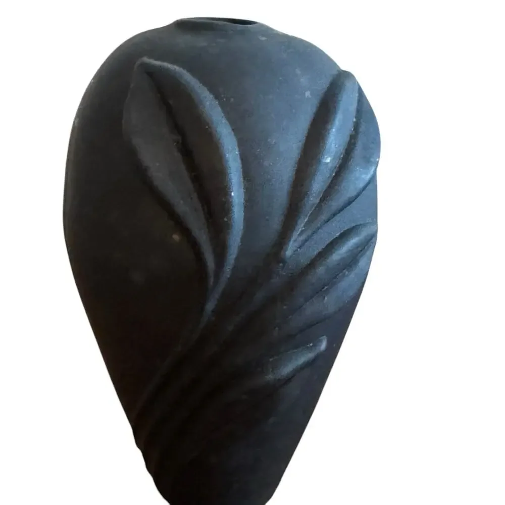 Vintage Black Satin Glass Vase Two's Company Hand Blown Leaf Embossed MCM Decor